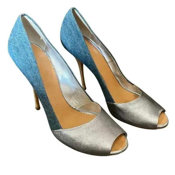 Giuseppe Zandotti Women's Size 9.5 Blue Denim & Silver Koka Peep Toe High Heels - Picture 1 of 14
